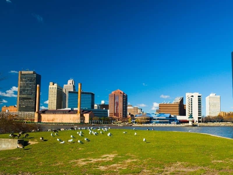 Toledo, Ohio waterfront skyline with commercial buildings, green space, and surrounding development areas relevant to land surveying and property planning