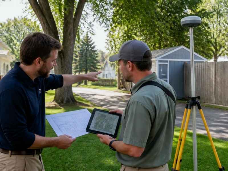 Residential surveyor in Toledo OH reviewing property boundaries, site improvements, and older survey information with a homeowner before selling a home.