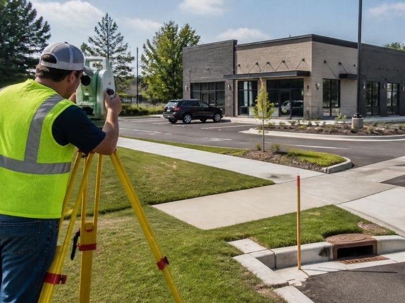 survey mapping small commercial site plan toledo ohio | Toledo Land Surveying Survey mapping in Toledo, Ohio, with a land surveyor measuring a small commercial site with parking, access areas, drainage features, and existing structures.
