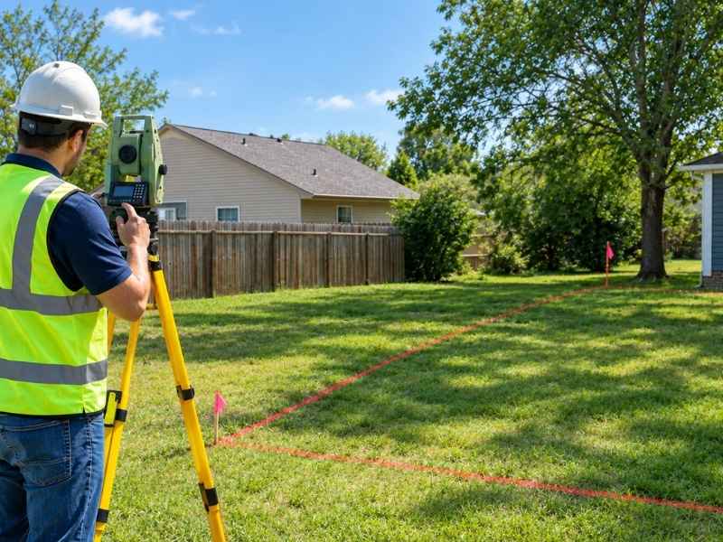 Property line survey showing a surveyor measuring the shared boundary between adjacent residential lots in Toledo Ohio.